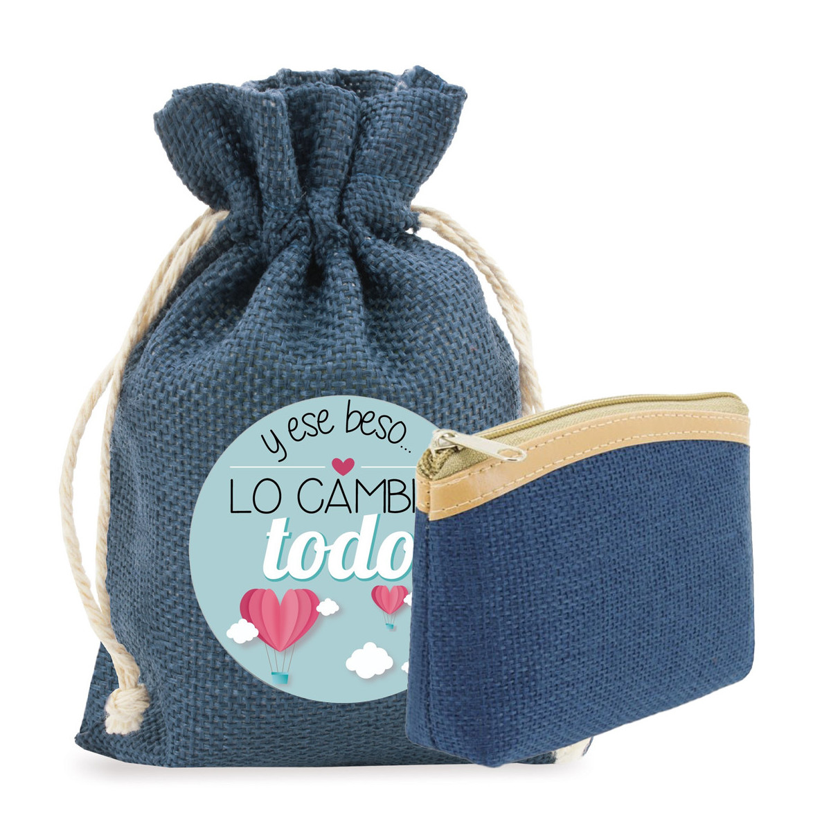 Portefeuille rustique en couleur bleue et sac présenté avec autocollant
