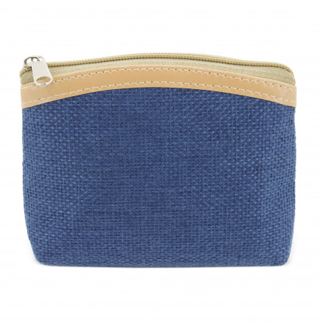 Portefeuille rustique en couleur bleue et sac présenté avec autocollant