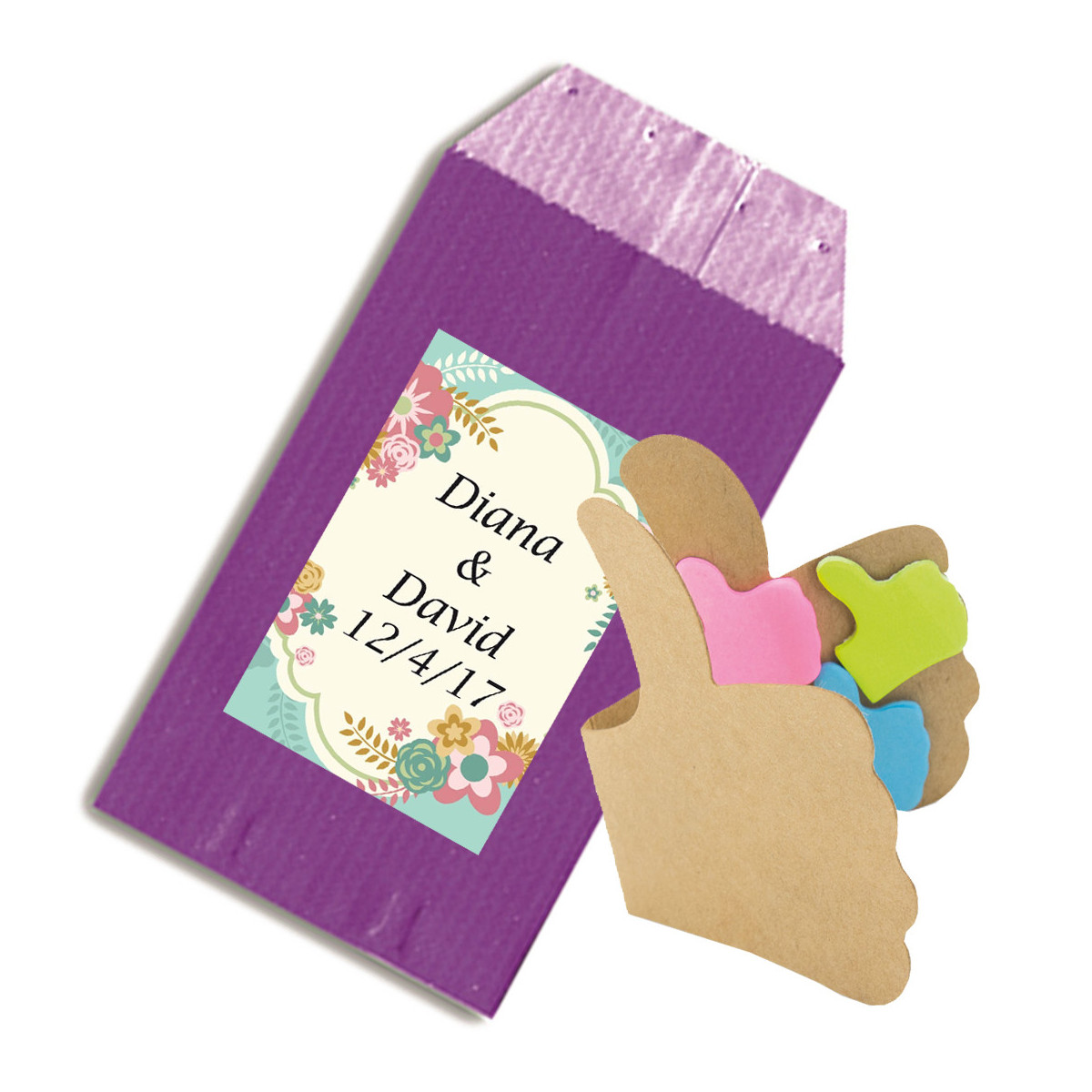 Un carnet de notes autocollantes colorées en forme de OK présenté dans une enveloppe kraft avec un autocollant de mariage