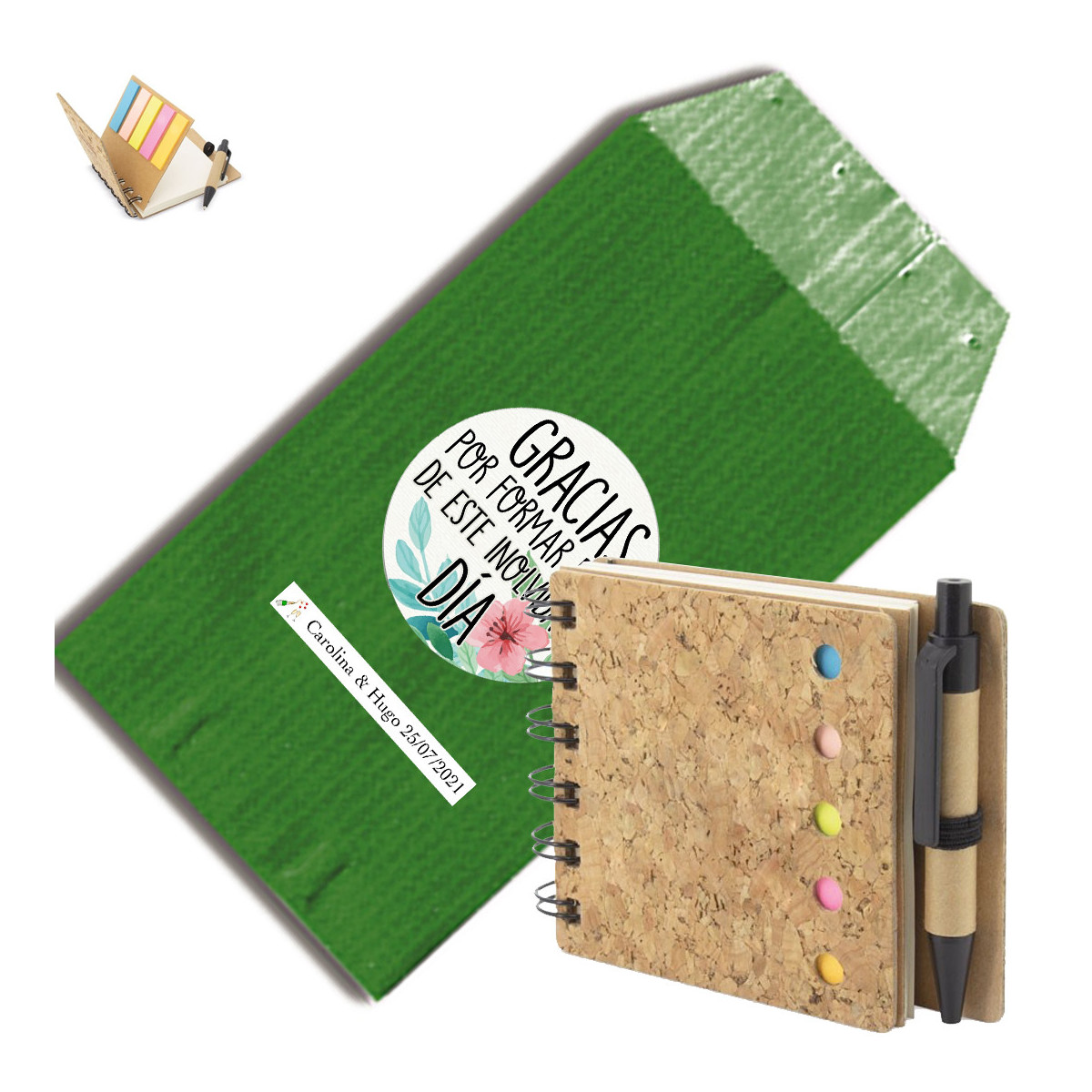 Carnet à anneaux avec post-it et feuilles plus stylo pour écrire dans une enveloppe kraft verte et autocollant personnalisé
