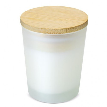 Bougie dans un vase en verre avec adhésif pour le couvercle en bambou