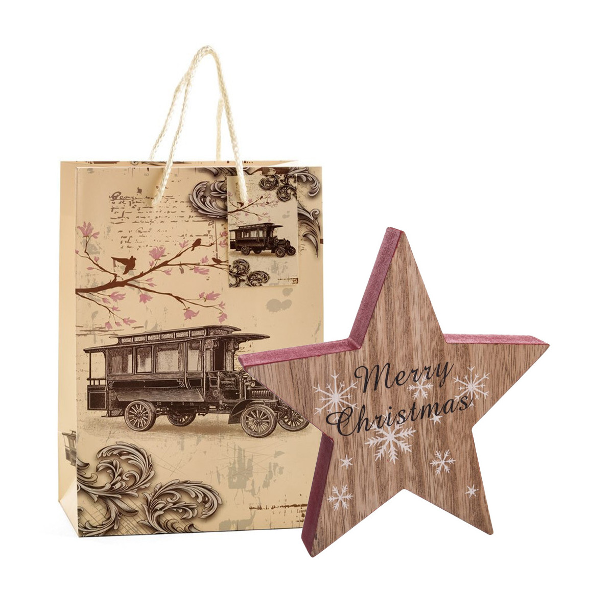 étoile de noël décorative en bois présentée dans un sac cadeau