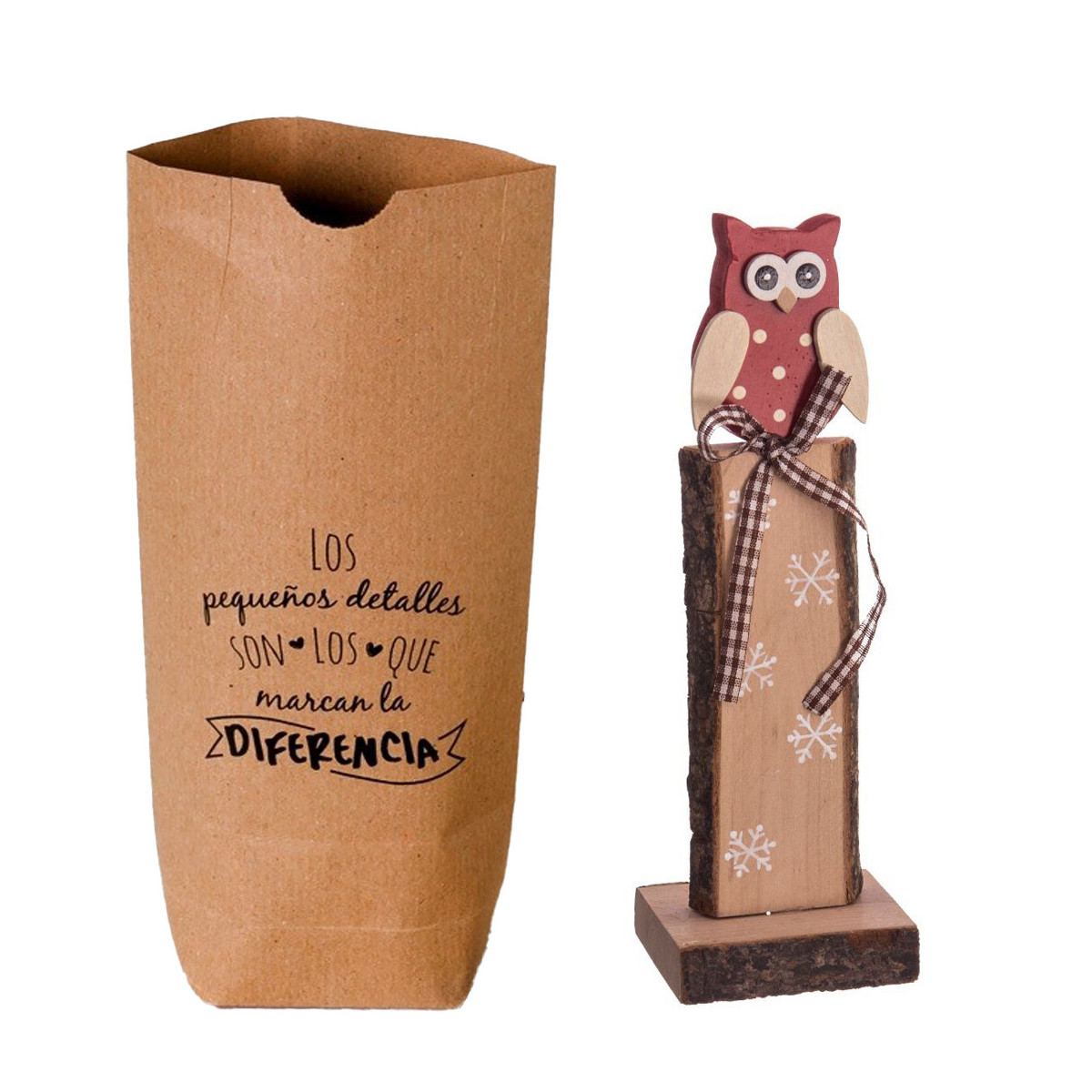 Décoration de noël en forme de hibou en bois dans un sac en papier kraft avec phrase de dédicace