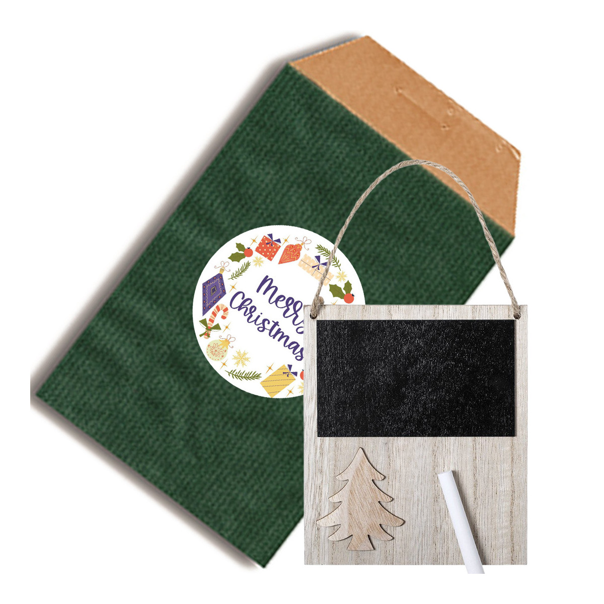 Petit tableau de noël en bois dans une enveloppe design en kraft vert et adhésif personnalisé à votre image