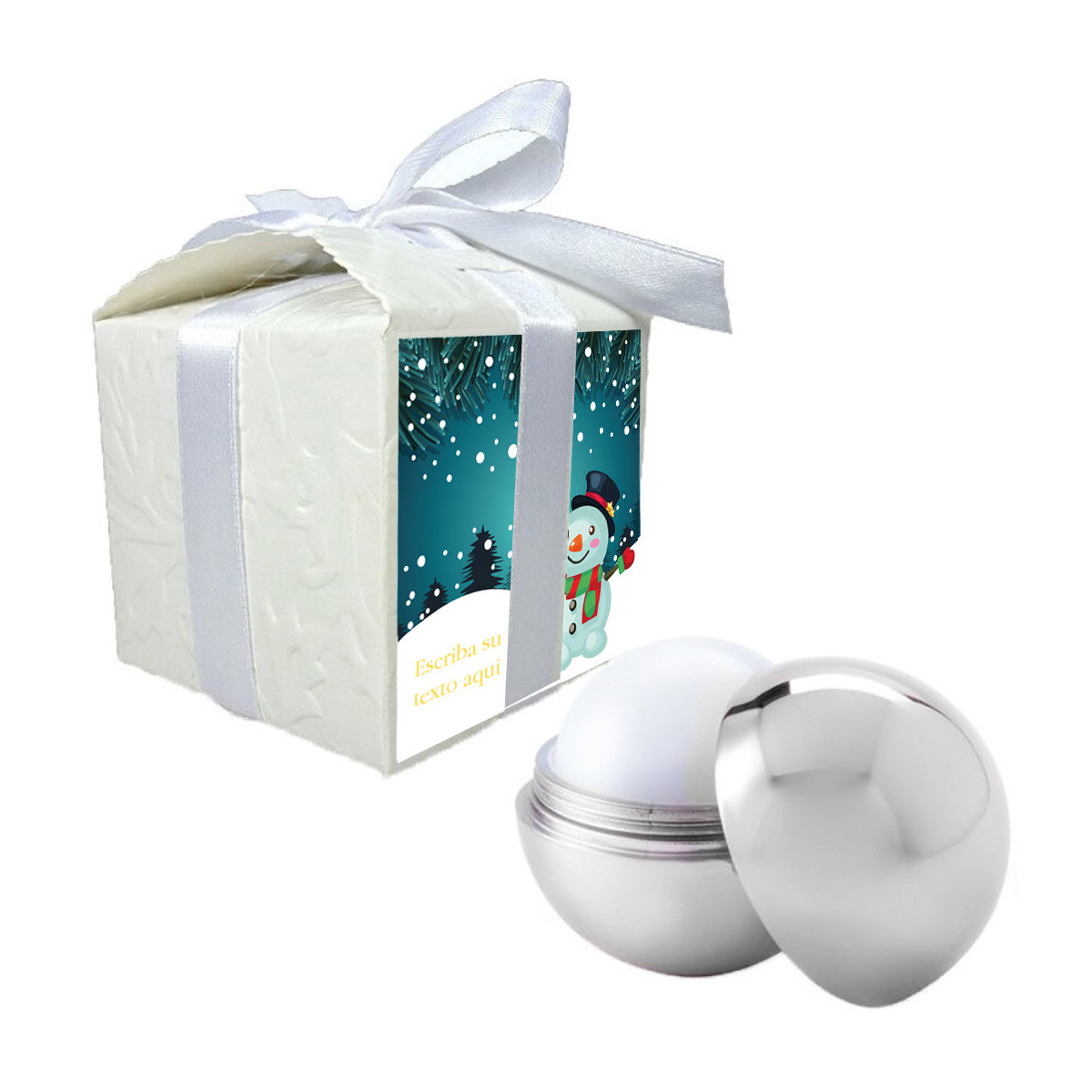 Baume à lèvres présenté dans une boîte cadeau personnalisée avec une phrase sur un autocollant de Noël.
