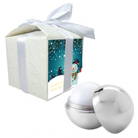 Baume à lèvres présenté dans une boîte cadeau personnalisée avec une phrase sur un autocollant de Noël.