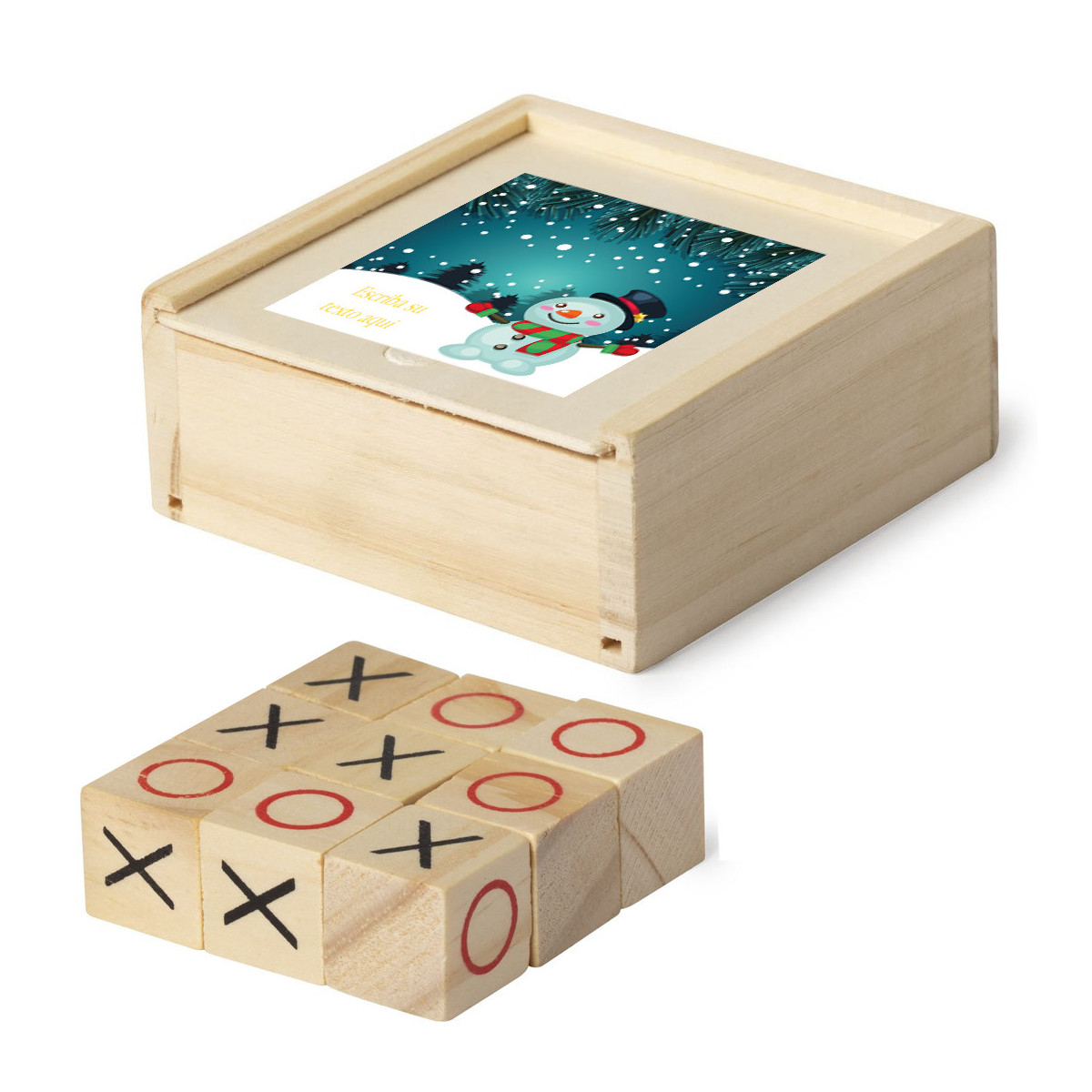 Jeu de morpion dans une boîte en bois personnalisée avec une phrase autocollante de Noël