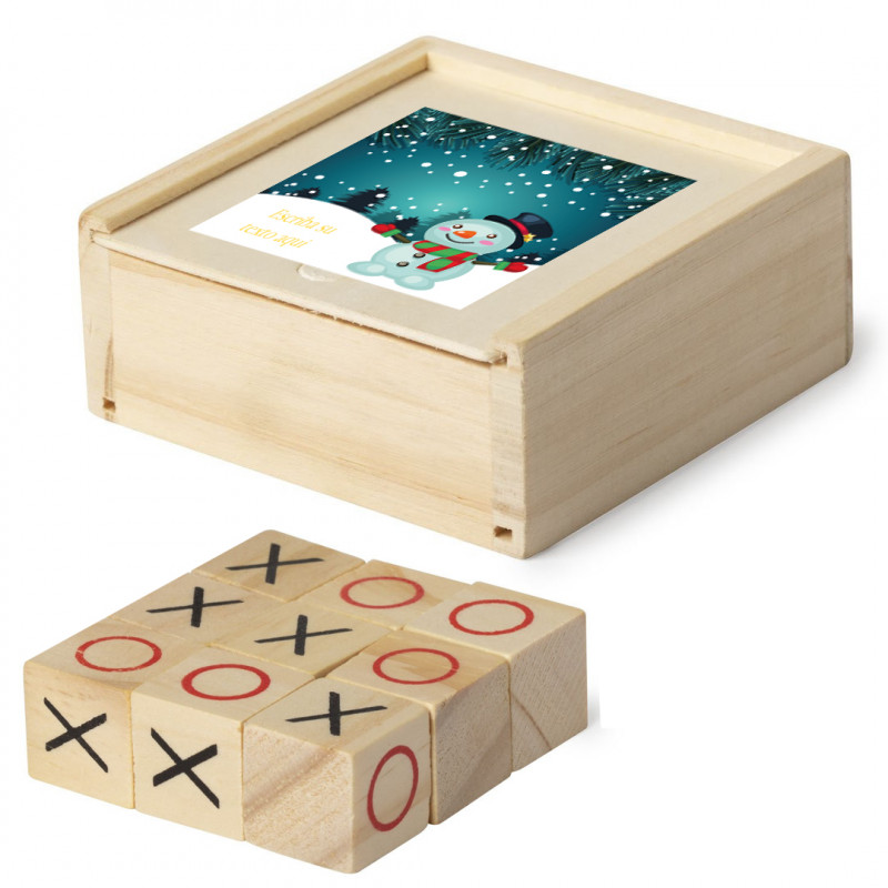 Jeu de morpion dans une boîte en bois personnalisée avec une phrase autocollante de Noël
