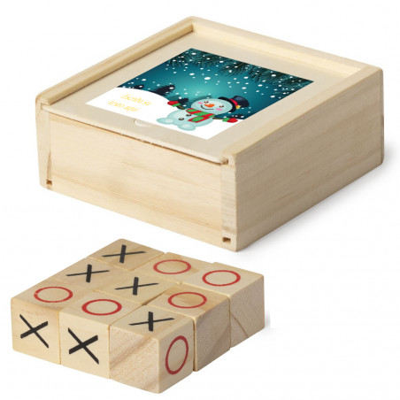 Jeu de morpion dans une boîte en bois personnalisée avec une phrase autocollante de Noël