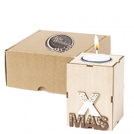 Bougeoir de noël en bois présenté dans une boîte en carton marron avec adhésif à image