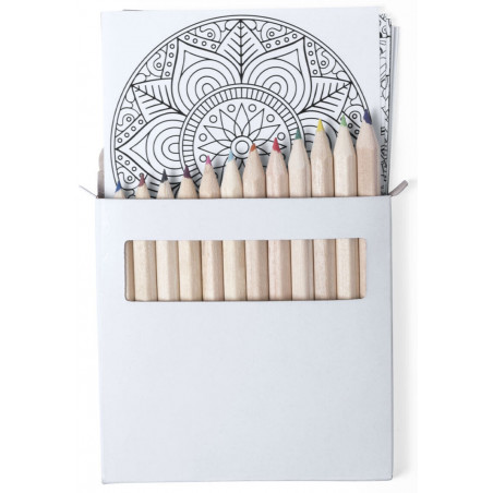 Crayons de couleur dans une boîte en carton avec feuilles de mandala et adhésif personnalisable pour noël