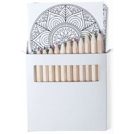 Crayons de couleur dans une boîte en carton avec feuilles de mandala et autocollants de Noël personnalisables.