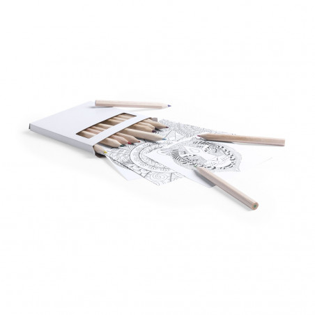 Crayons de couleur dans une boîte en carton avec feuilles de mandala et autocollants de Noël personnalisables.