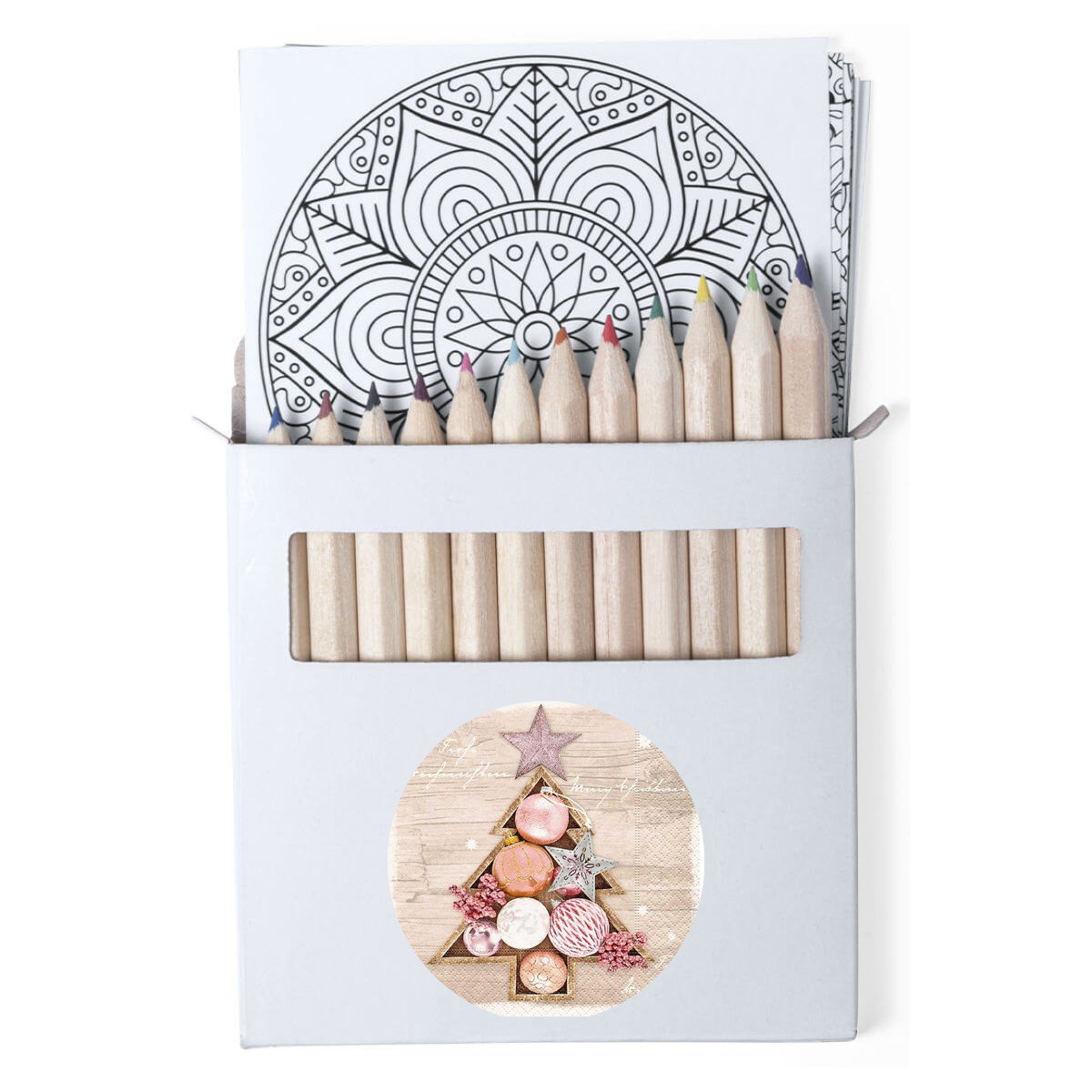 Crayons de couleur dans une boîte en carton avec feuilles de mandala et autocollants de Noël personnalisables.