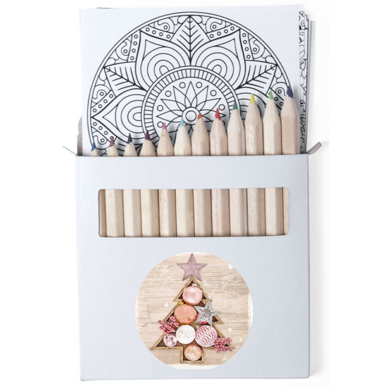 Crayons de couleur dans une boîte en carton avec feuilles de mandala et autocollants de Noël personnalisables.