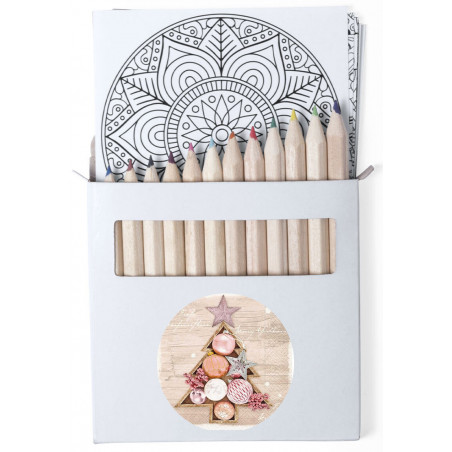 Crayons de couleur dans une boîte en carton avec feuilles de mandala et autocollants de Noël personnalisables.