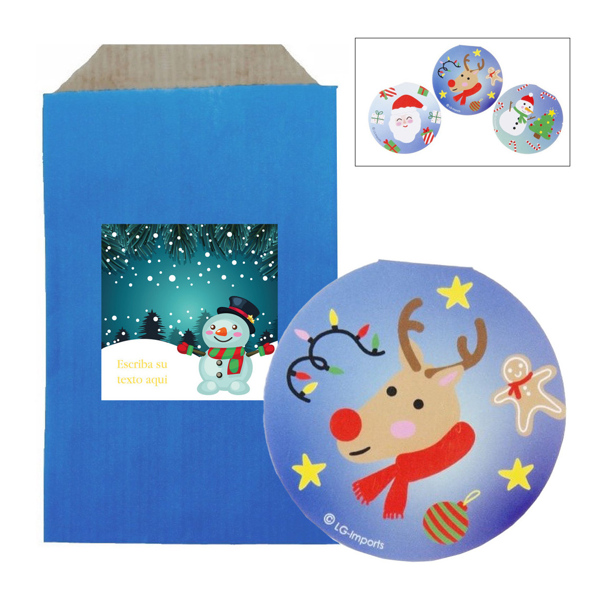 Carnet de Noël décoré avec une enveloppe kraft bleue et un autocollant à personnaliser pour Noël