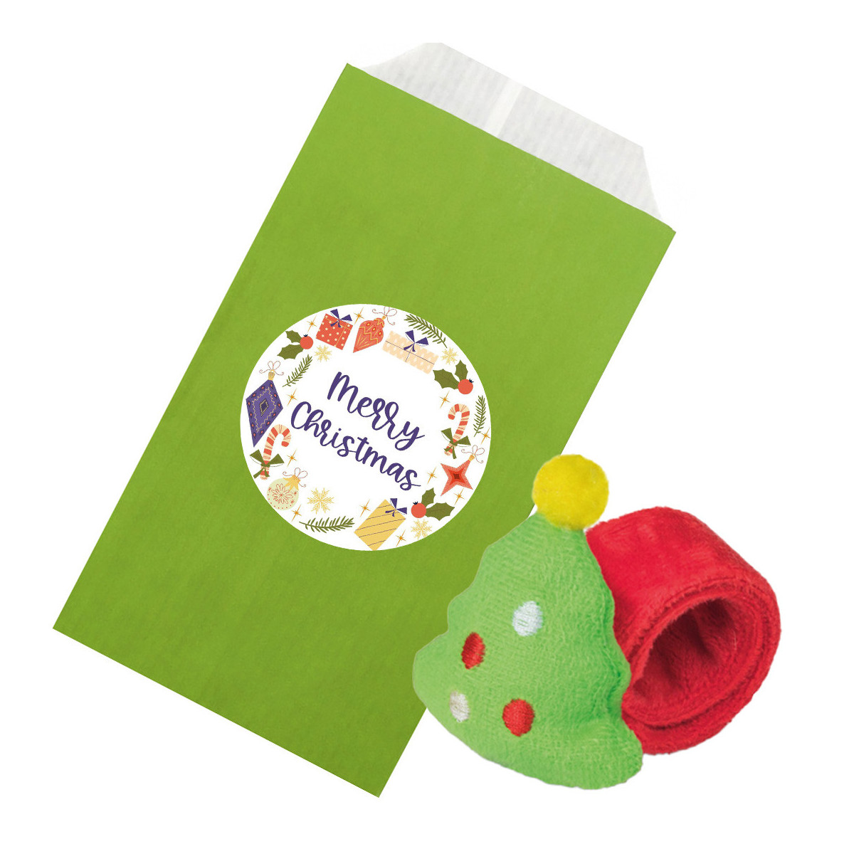 Bracelet de noël enroulable avec décoration de sapin de noël dans une enveloppe en papier cadeau avec adhésif à personnaliser