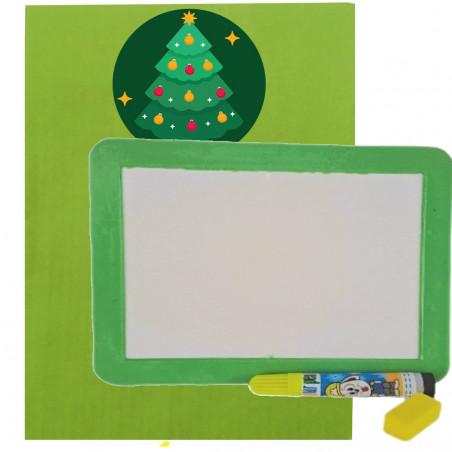 Petite ardoise blanche pour enfants avec marqueur présentée dans une enveloppe cadeau avec autocollant personnalisé