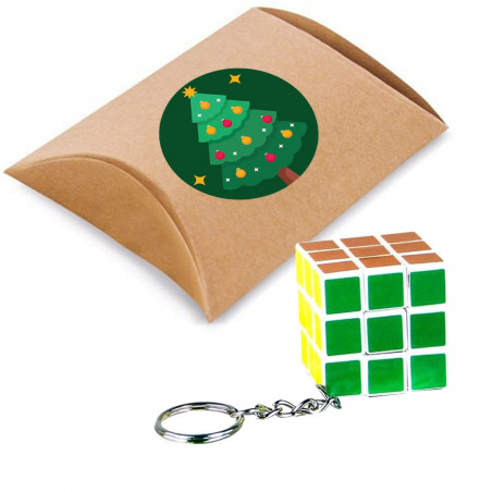 Rubik s cube 3x3 sur porte clés présenté dans une boîte en carton cadeau et un autocollant de noël à personnaliser