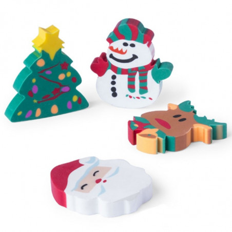 Gomme à effacer en forme de personnages de Noël présentée avec un autocollant personnalisable