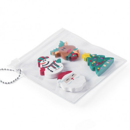 Gomme à effacer en forme de personnages de Noël présentée avec un autocollant personnalisable