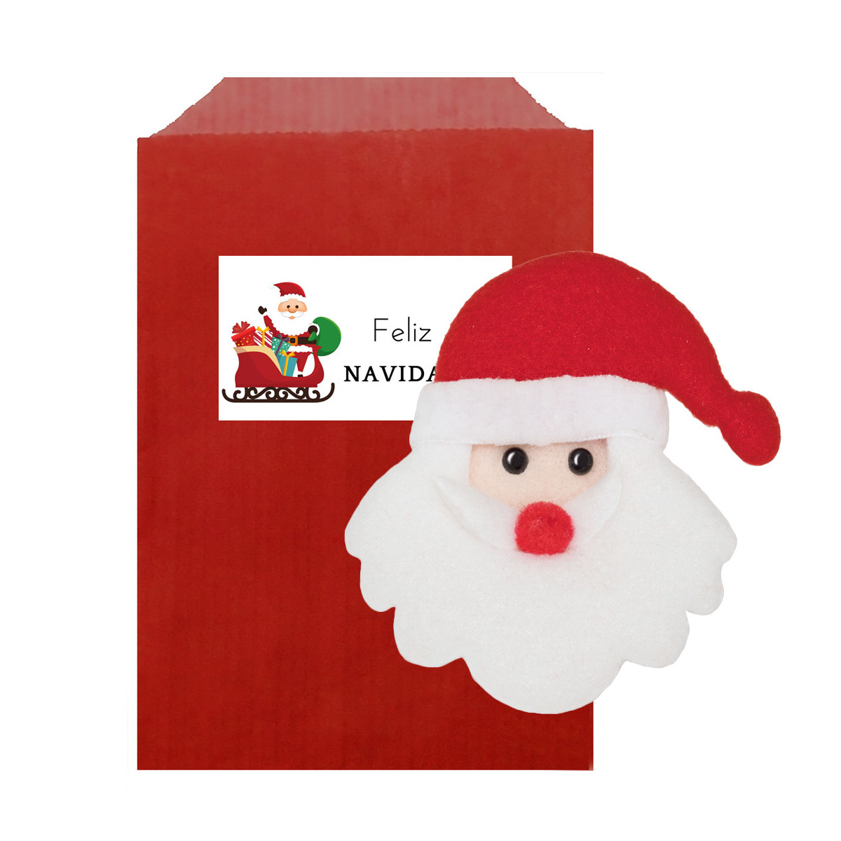 Aimant amusant de Père Noël présenté dans une enveloppe cadeau de couleur rouge et autocollant à personnaliser