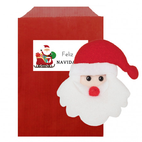 Aimant de réfrigérateur amusant en forme de père noël présenté dans une enveloppe cadeau rouge et un adhésif pour personnaliser