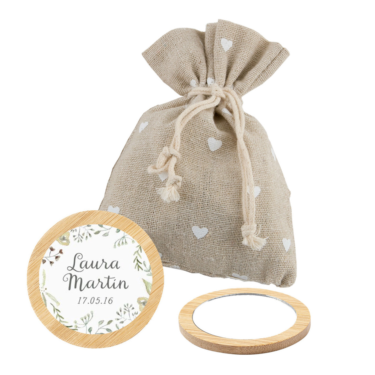 Miroir de sac avec revêtement en tissu rustique et autocollant personnalisé