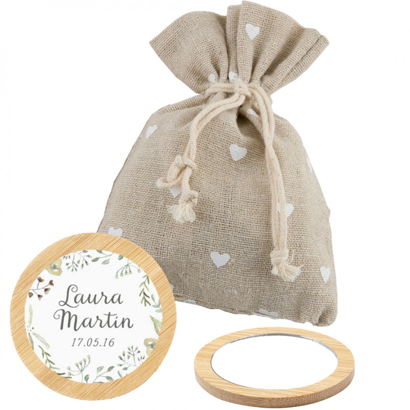Miroir de sac avec revêtement en tissu rustique et autocollant personnalisé
