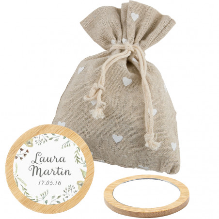 Miroir de sac avec revêtement en tissu rustique et autocollant personnalisé
