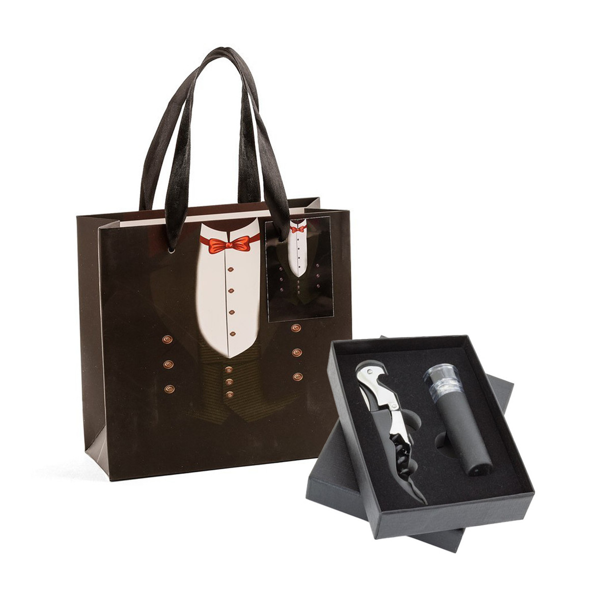 Bouchon de vin avec pompe à vide et ouvre bouteille présenté dans une boîte noire et un sac de mariage