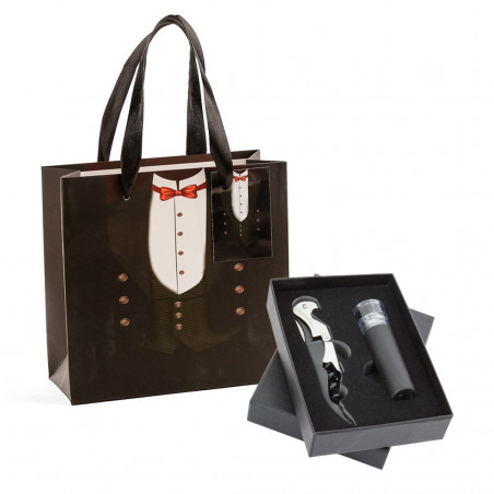 Bouchon de vin avec pompe à vide et ouvre bouteille présenté dans une boîte noire et un sac de mariage