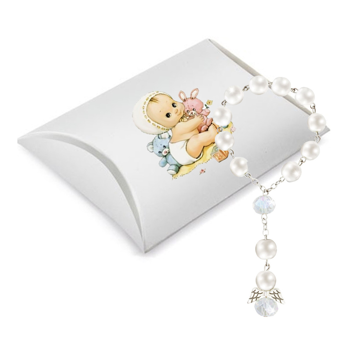 Chapelet de perles blanches pour baptême présenté dans une boîte décorée d adhésif
