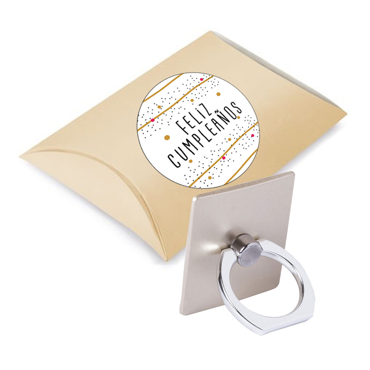 Support de téléphone portable avec adhésif présenté dans une boîte en carton et autocollant d'anniversaire personnalisé