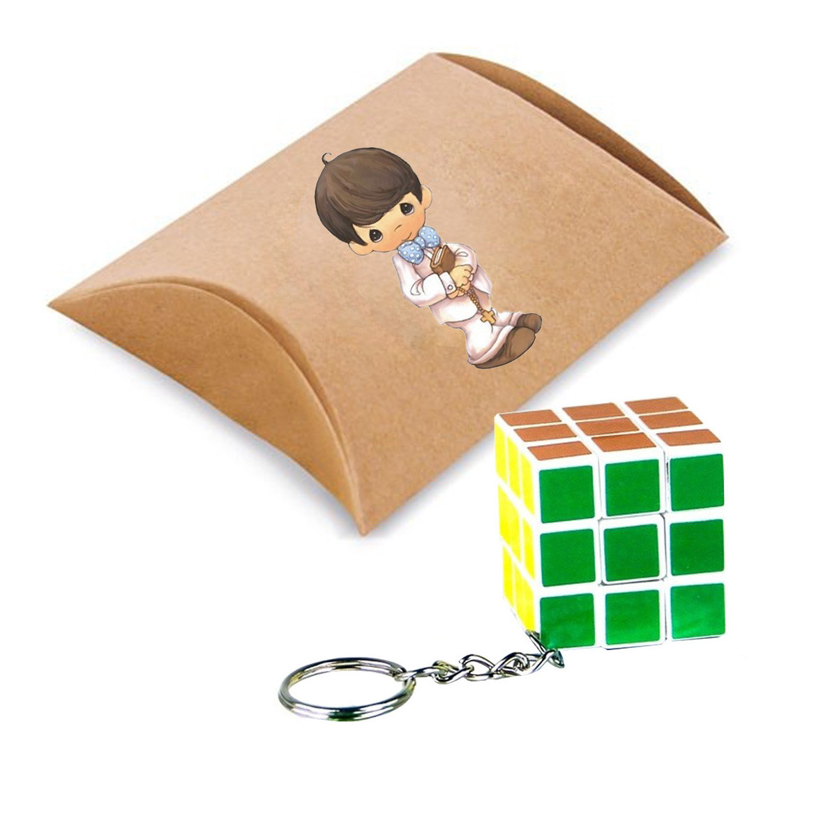 Porte clés puzzle cube avec boîte en carton et autocollant communion boy