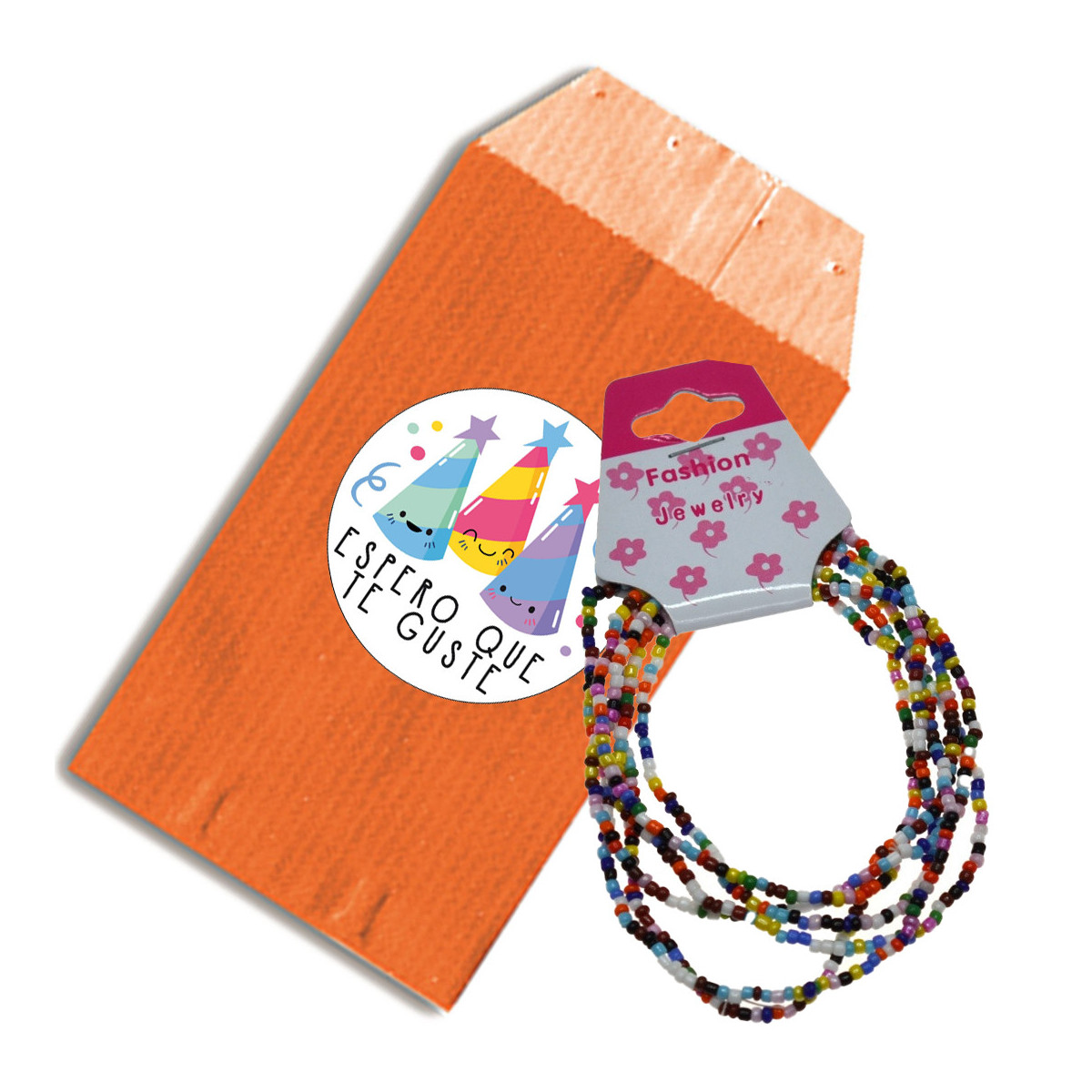 Petits bracelets boules colorés avec enveloppe cadeau orange et autocollant avec phrase