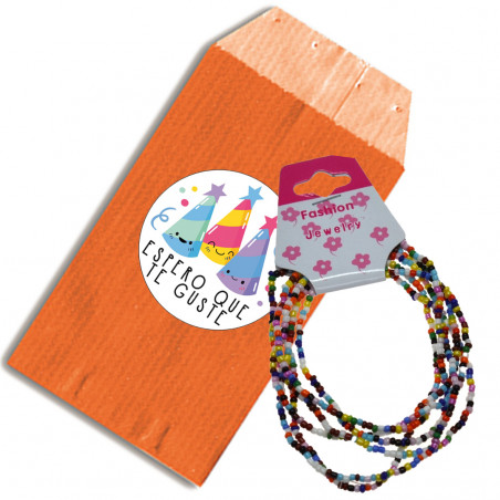 Petits bracelets boules colorés avec enveloppe cadeau orange et autocollant avec phrase