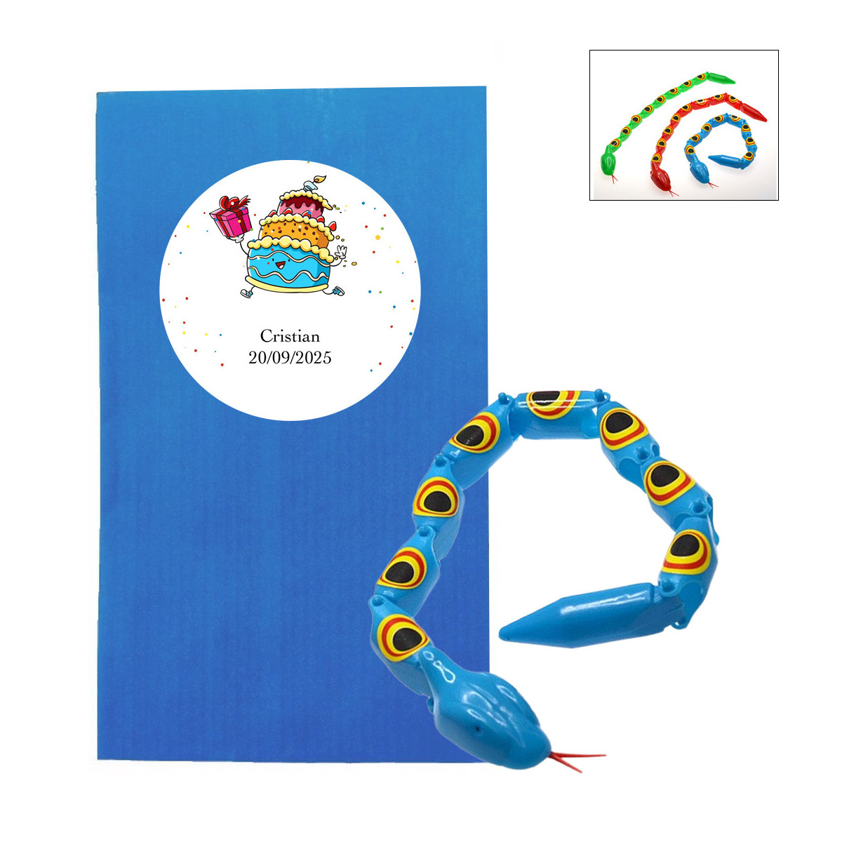 Serpent jouet articulé pour enfants avec enveloppe de présentation et autocollant d anniversaire