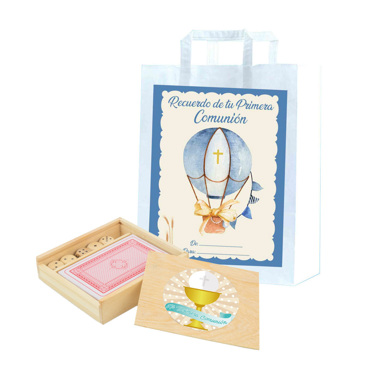 Lettres et dés dans une boîte en bois personnalisée avec autocollants de communion et sac cadeau spécial communion