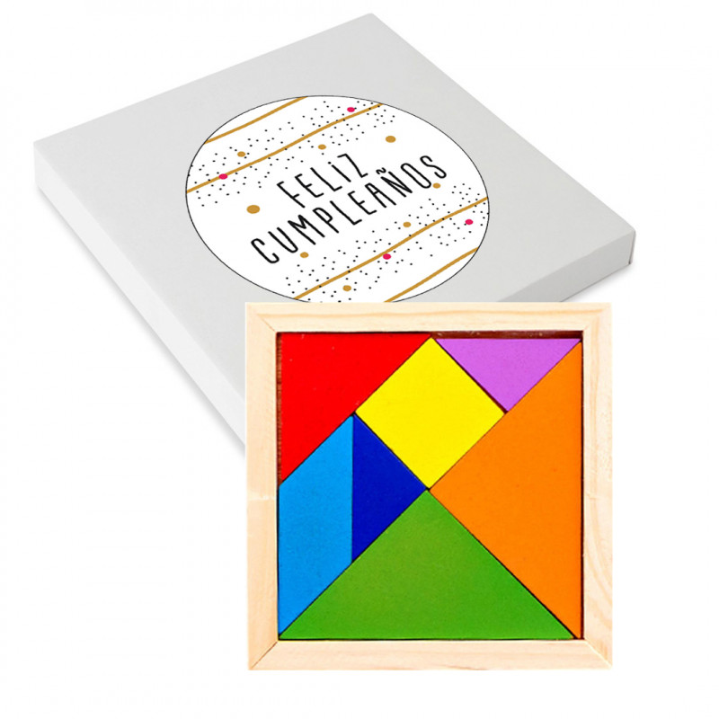 Tangram avec 7 pièces dans une boîte en carton avec autocollant d'anniversaire Tangram avec 7 pièces dans une boîte en carton avec autocollant d'anniversaire