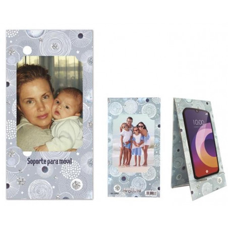 Support de téléphone portable en carton avec espace pour deux photos présenté dans une enveloppe cadeau avec autocollant de