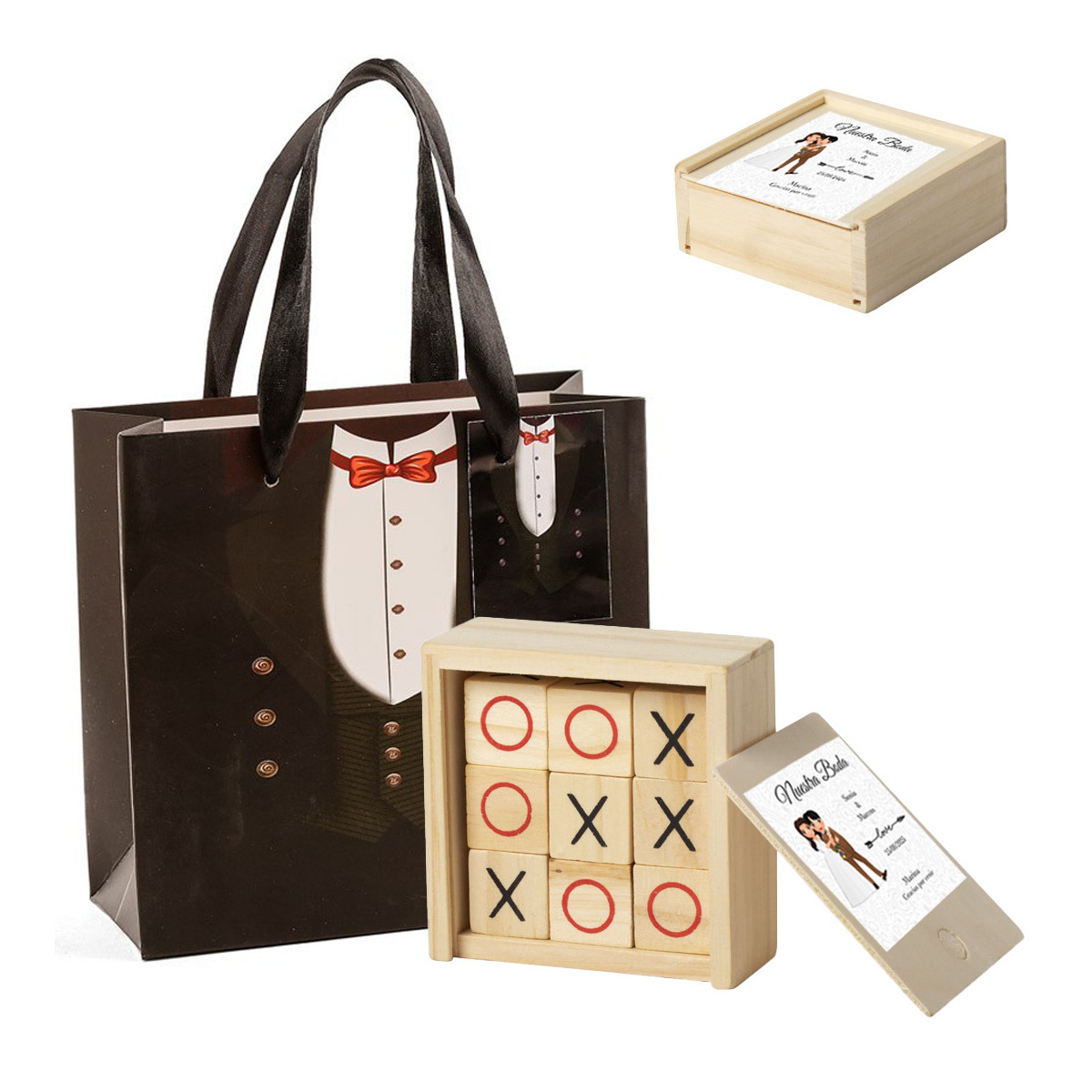 Tic tac toe en bois avec boîte personnalisée avec autocollant de mariage et sac cadeau pour homme