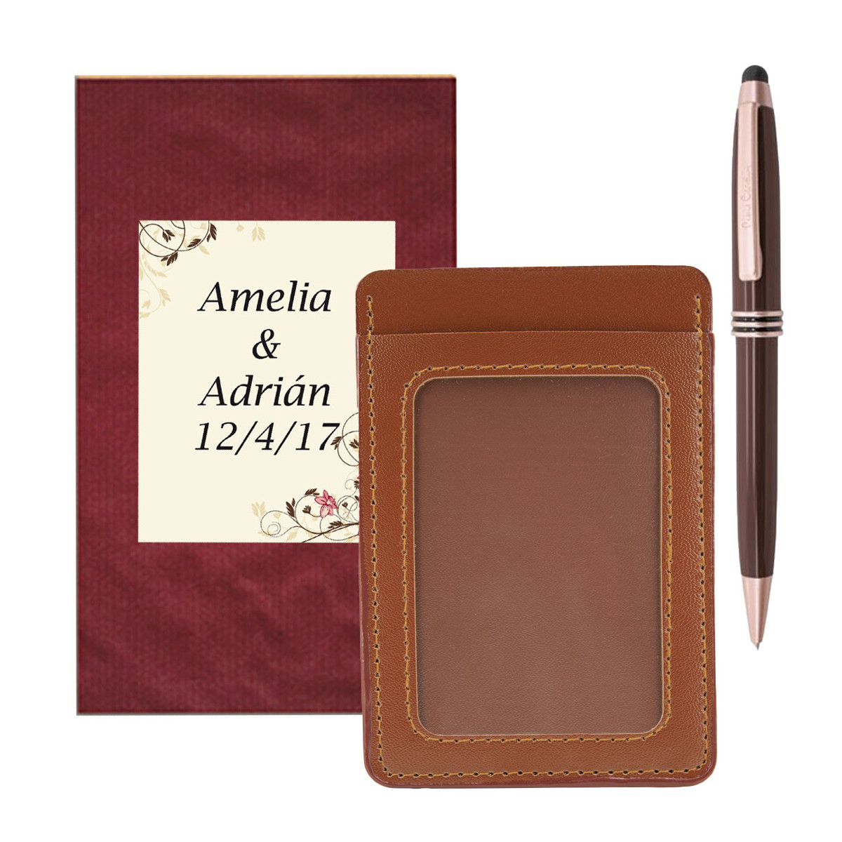 Porte cartes avec fenêtre marron avec stylo pierre cardin présenté dans une enveloppe et un autocollant de mariage