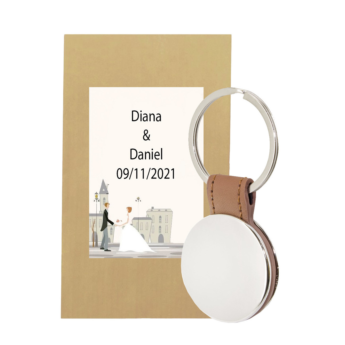 Porte-clés rond personnalisé en similicuir avec enveloppe cadeau et autocollant pour mariage