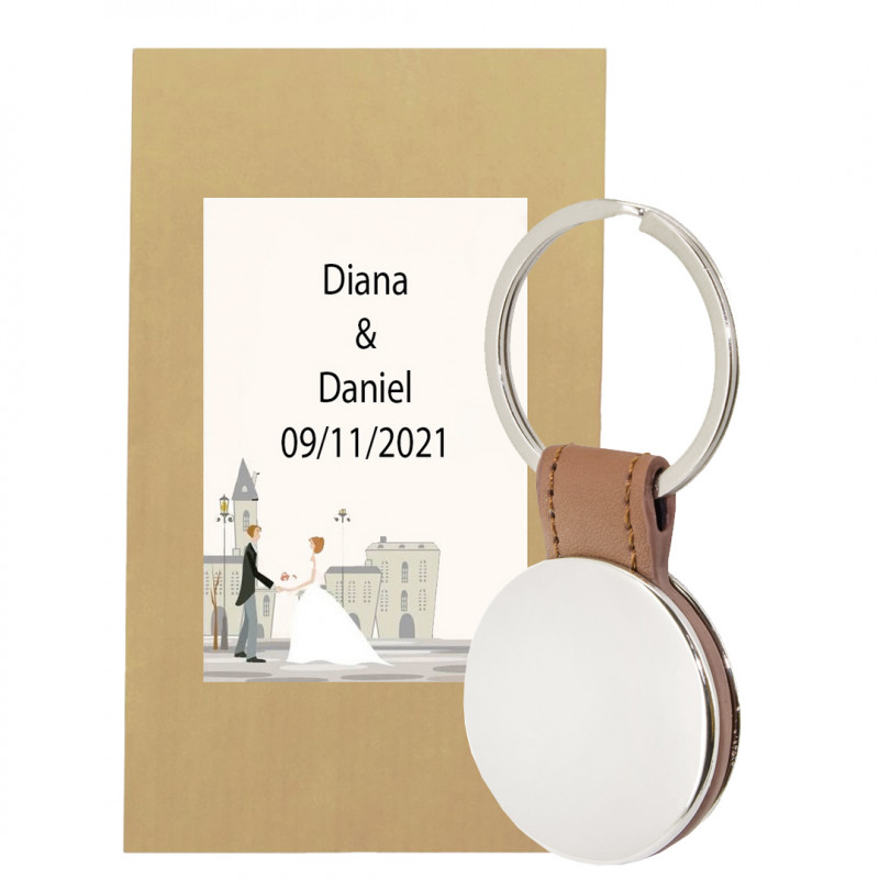Porte-clés rond en similicuir avec badge miroir personnalisé avec enveloppe cadeau et adhésif pour mariage