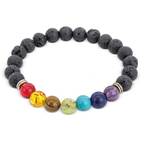 Bracelet 7 chakras en pierre volcanique dans une boîte blanche avec des autocollants pour un cadeau de communion personnalisé