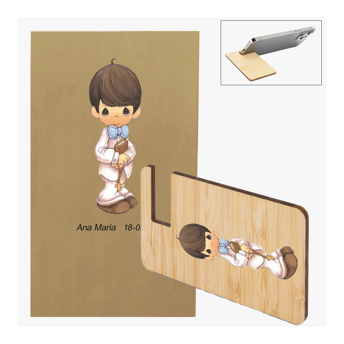 Support plat pour mobile décoré avec des autocollants personnalisés de communion