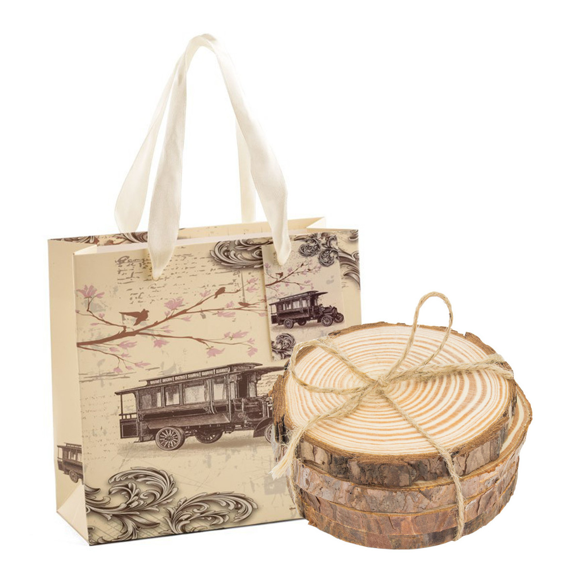 Sous-verres en forme de tronc en bois avec corde en jute et sac en papier style vintage