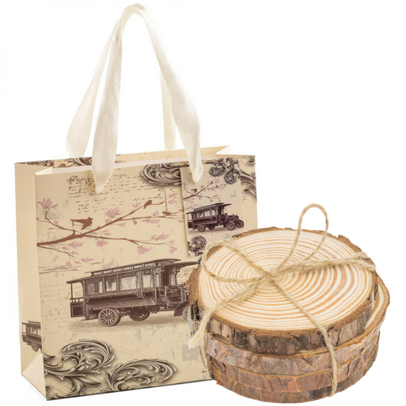 Sous-verres en forme de tronc en bois avec corde en jute et sac en papier style vintage